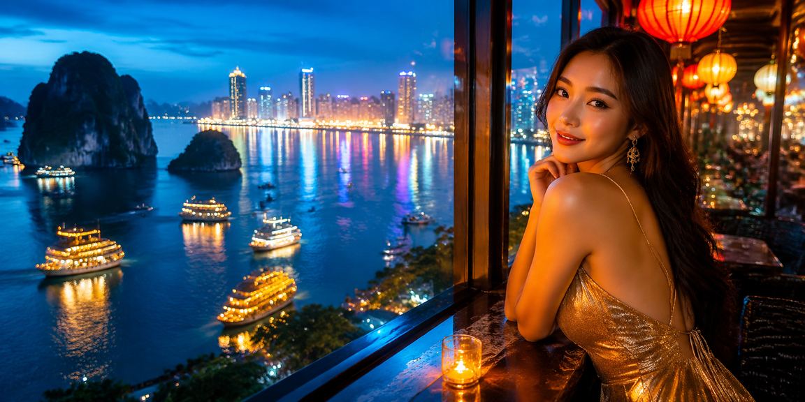 Người dùng Việt Nam thư giãn với cà phê và chơi slot game xsqni tại vịnh Hạ Long
